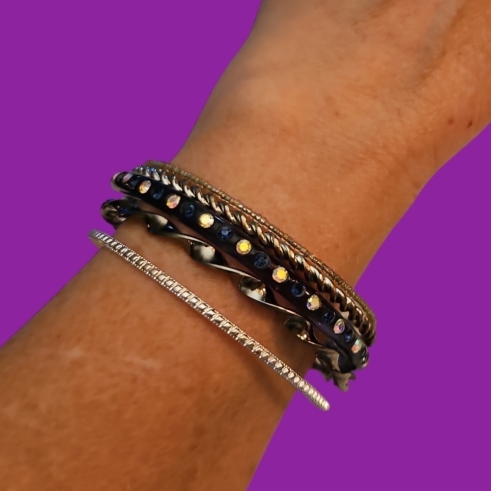 3/$30 Set of Five Metal Acrylic Rhinestone Bangle Bracelets